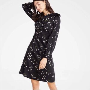 Ann Taylor black ruffle black floral long sleeve dress womens size 00P petite